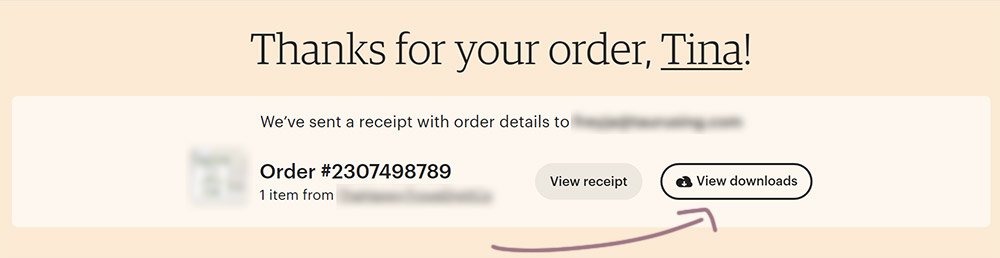 Etsy thanks for your order screenshot