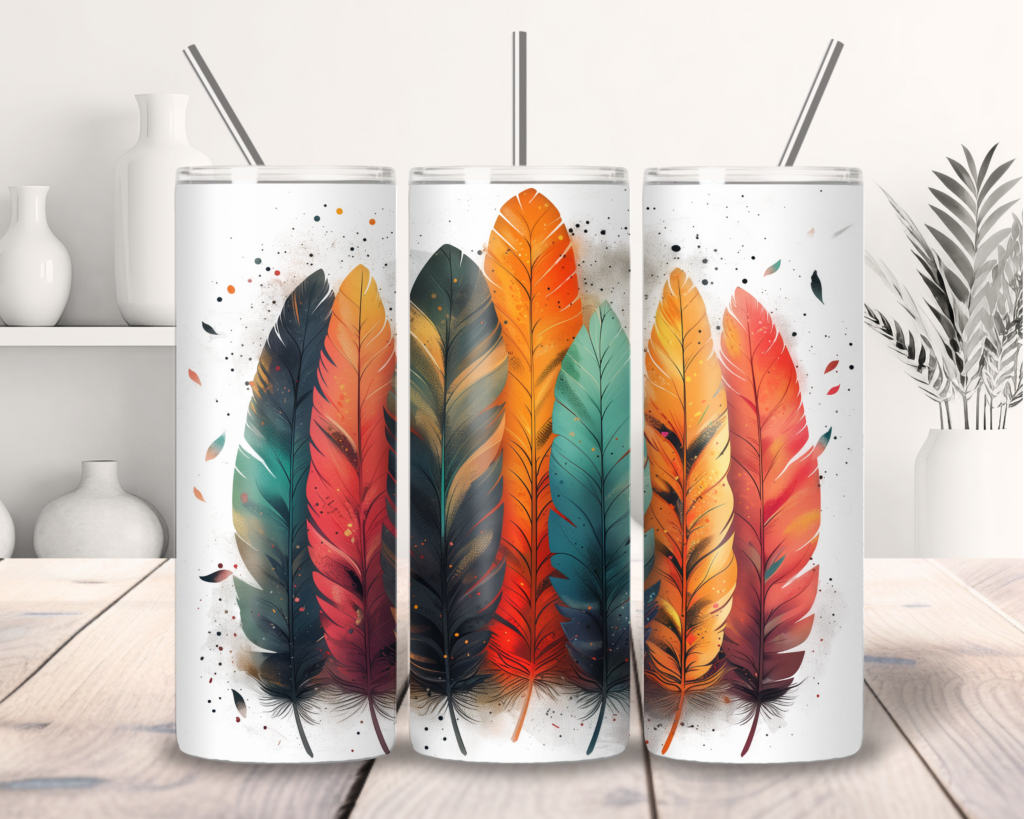 Boho feathers, commercial use 20oz skinny tumbler wrap, sublimation graphics