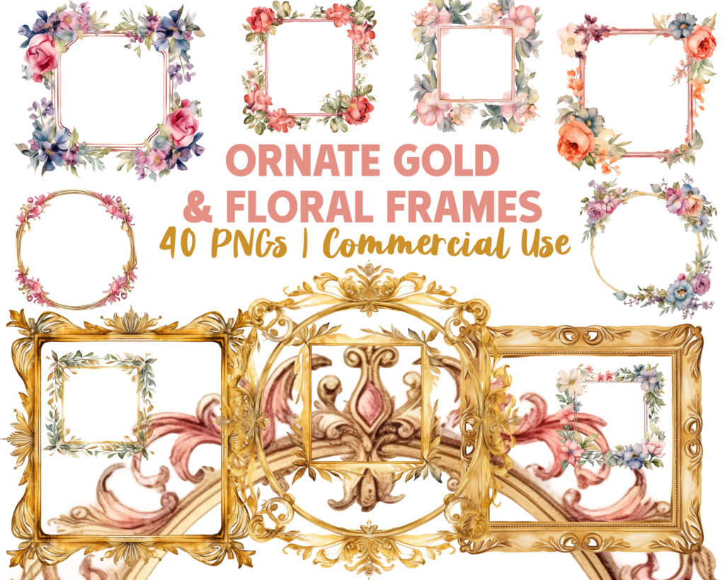 Gold and floral frames, commercial use clipart