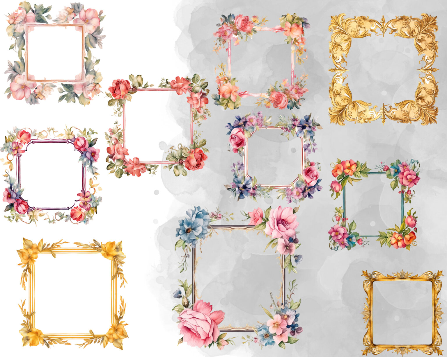 Gold and floral frames, commercial use clipart