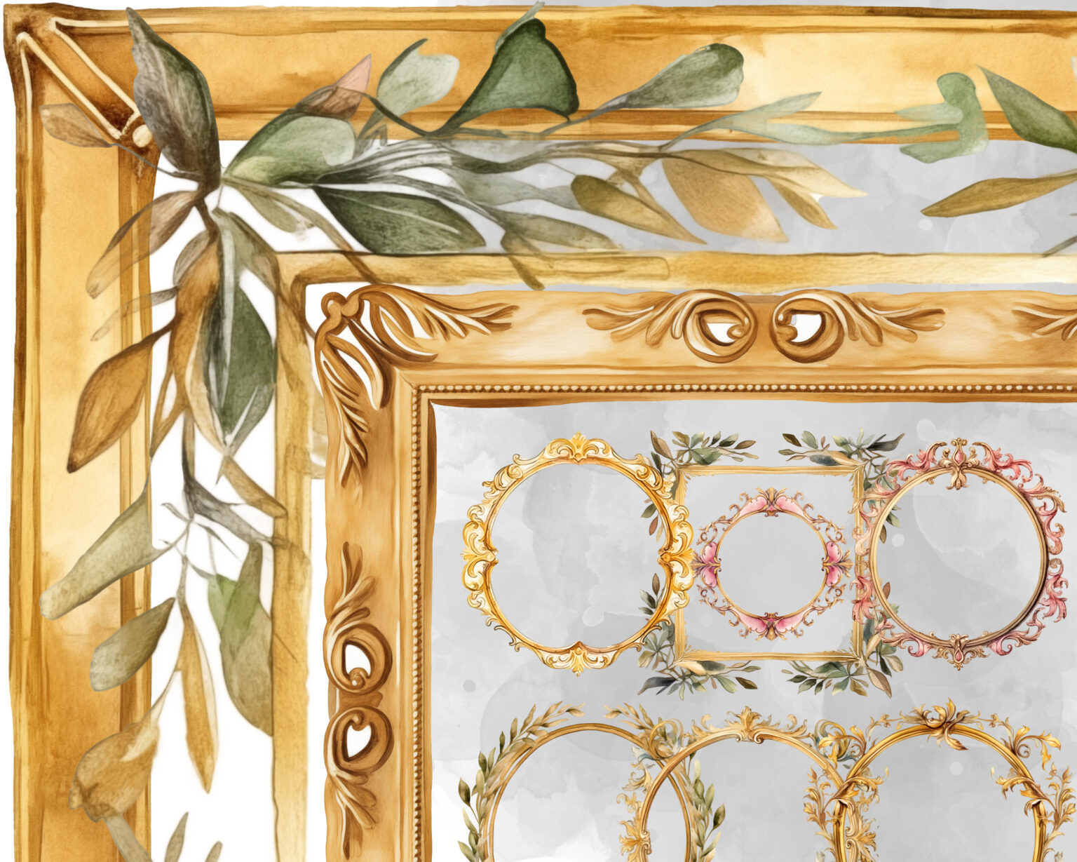 Gold and floral frames, commercial use clipart