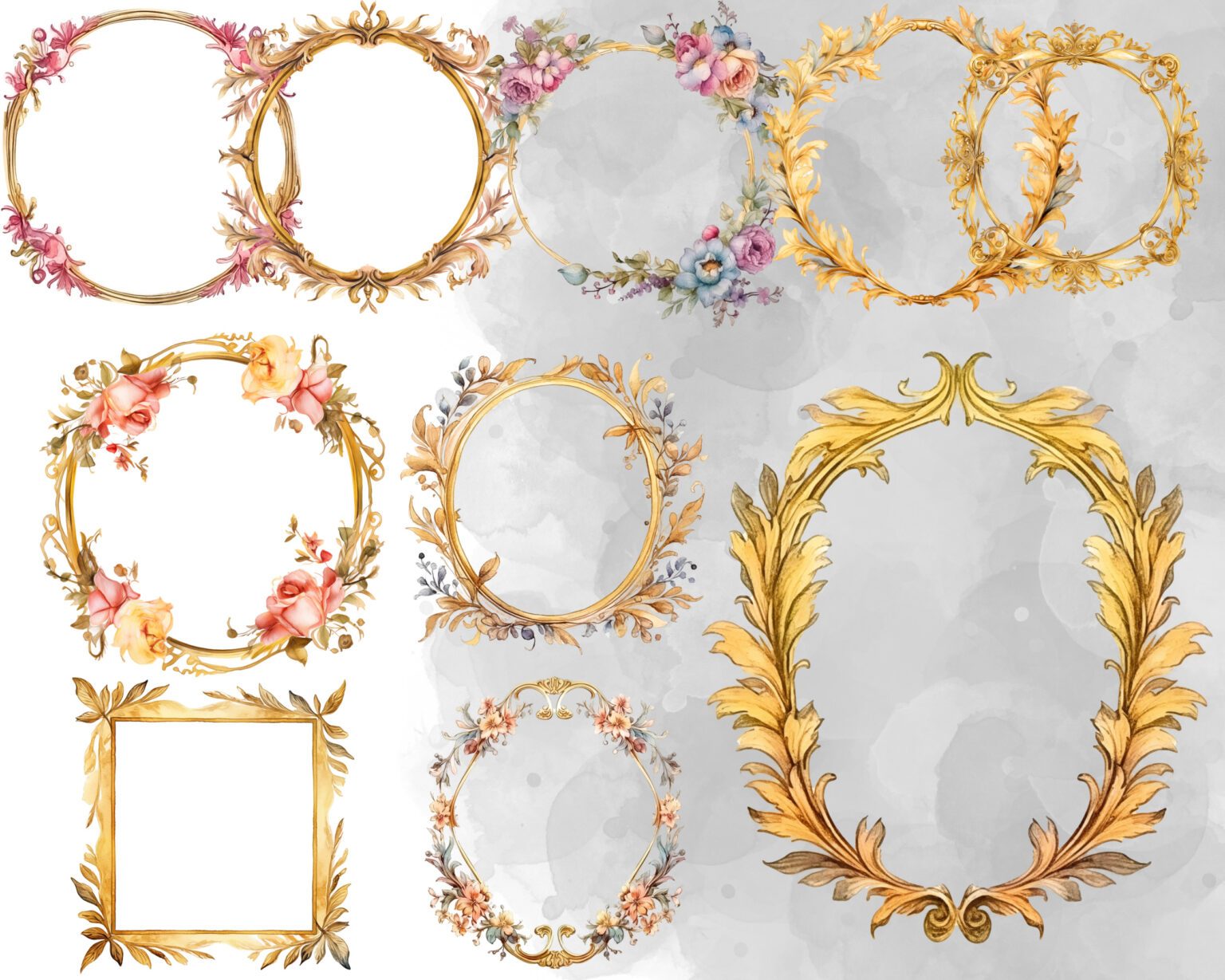 Gold and floral frames, commercial use clipart