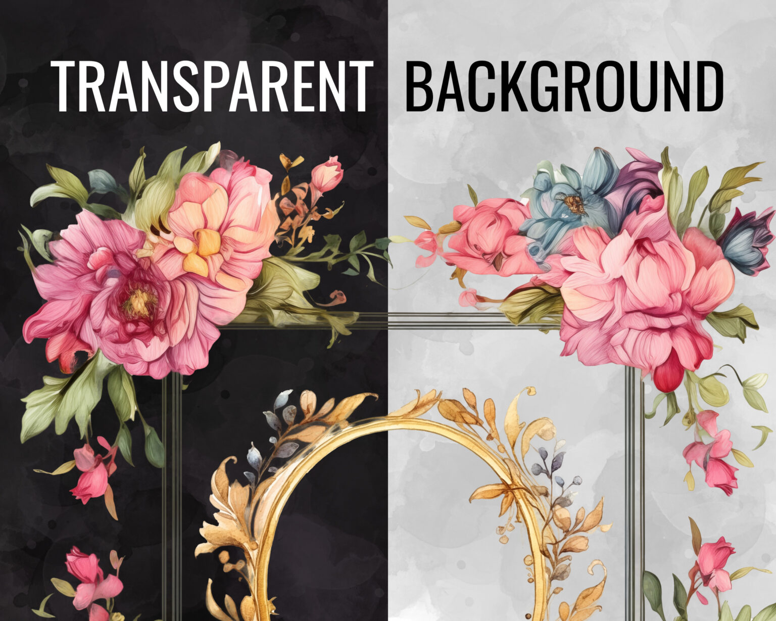 Gold and floral frames, commercial use clipart