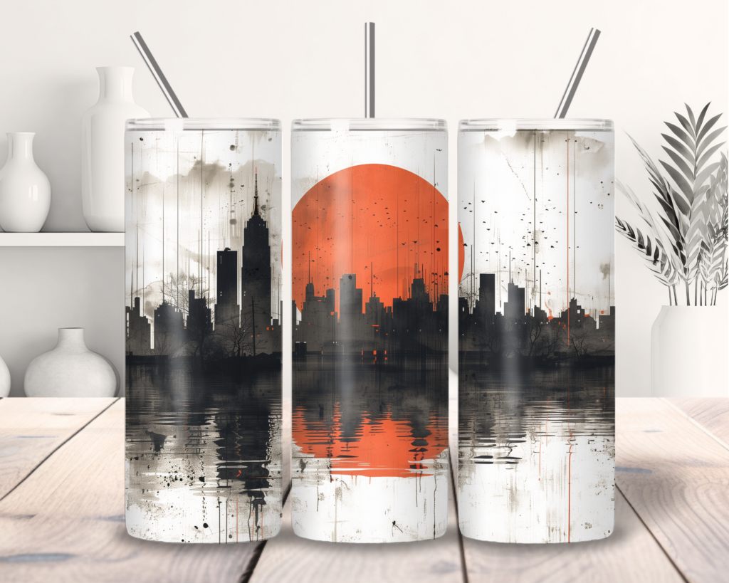 Orange sunset over a city skyline, commercial use 20oz skinny tumbler wrap, sublimation graphics