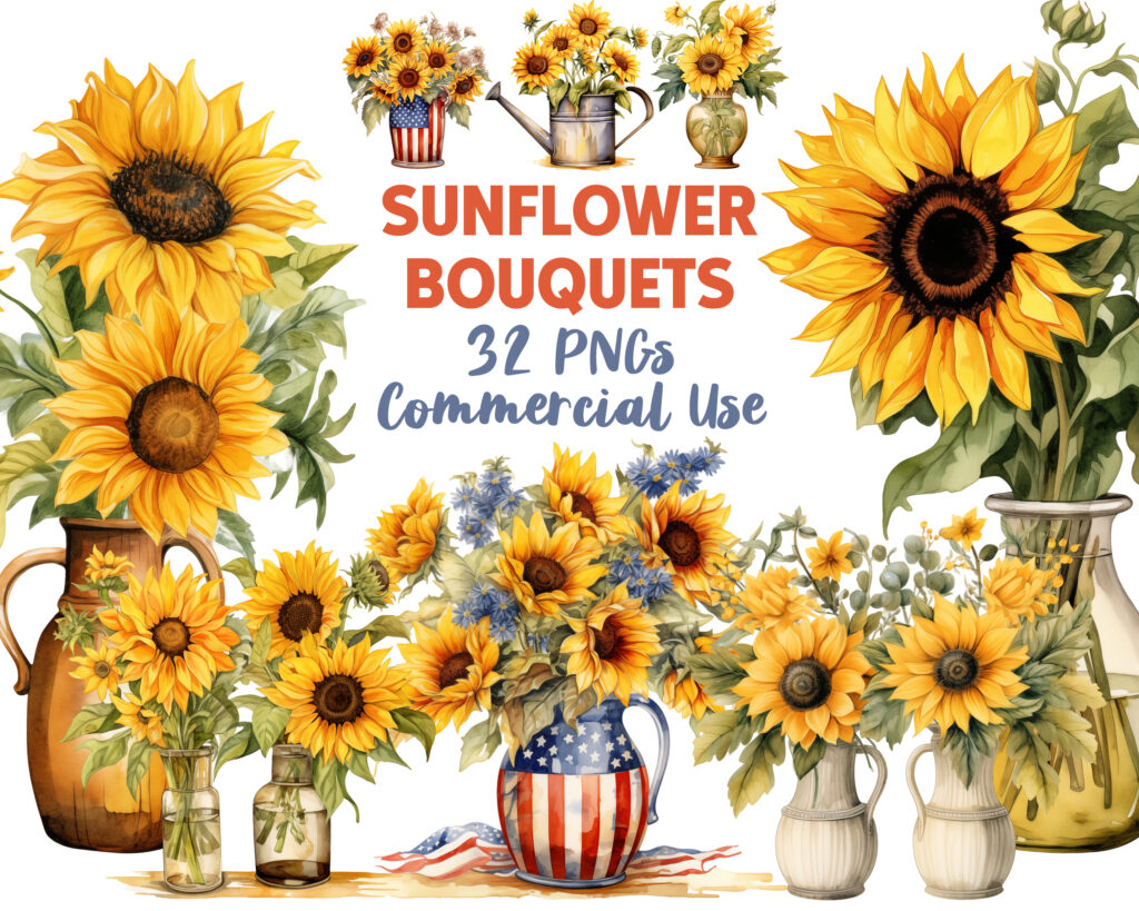 Sunflower Bouquets commercial use clipart set