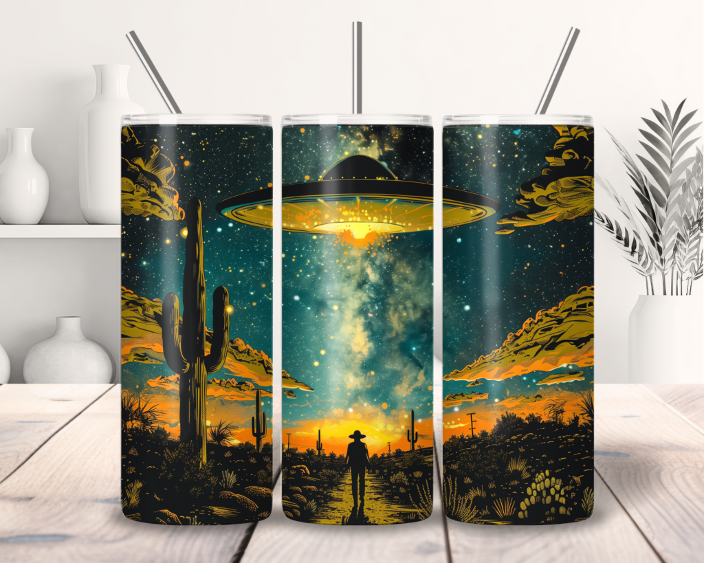 Surreal desert UFO hovering over a cowboy on a path lined with cactus, commercial use 20oz skinny tumbler wrap, sublimation graphics