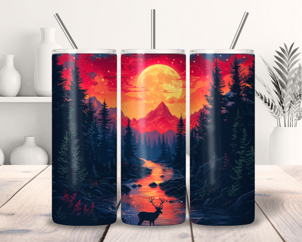 Surreal pacific northwest vivid sunset with a deer standing in a riverbed and mountains in the distance, commercial use 20oz skinny tumbler wrap, sublimation graphics