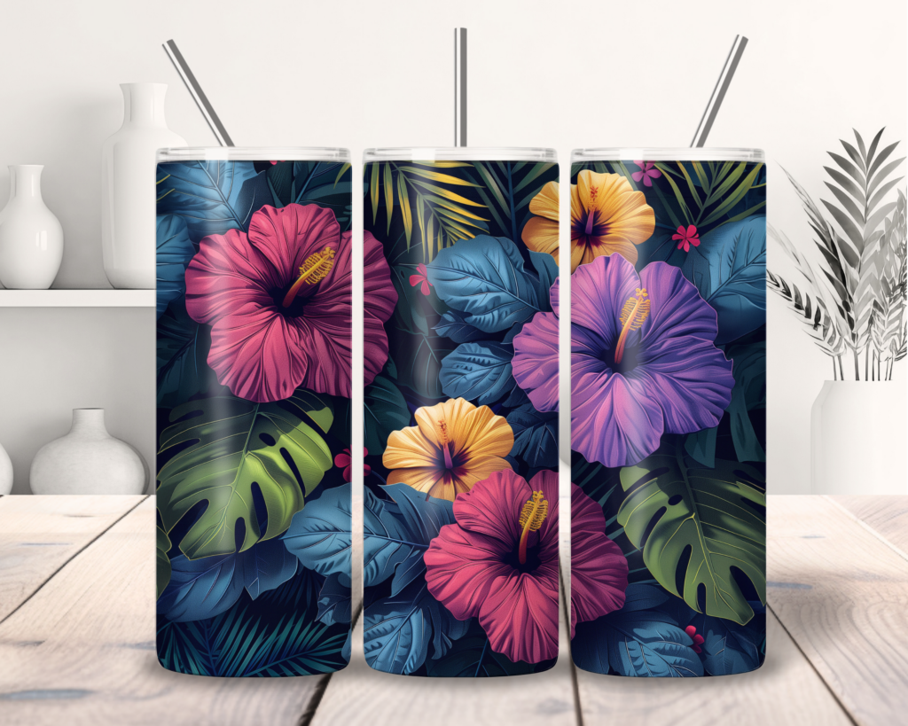 Vibrant tropical hibiscus and monstera commercial use 20oz skinny tumbler wrap, sublimation graphics